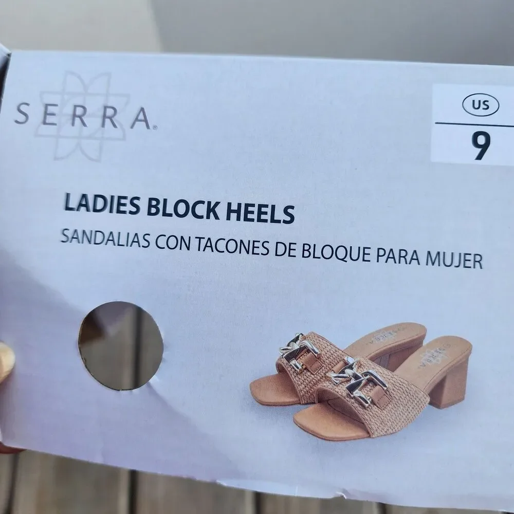 Serra Brown Block Heel Woven Design Gold Buckle Sandles Womens Size 9